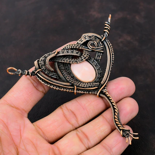 Pink Opal Oval Pink Handmade Copper Wire Wrapped Pendant