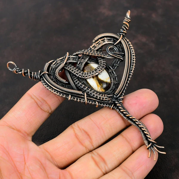 Peanut Wood Jasper Oval Brown Handmade Copper Wire Wrapped Pendant