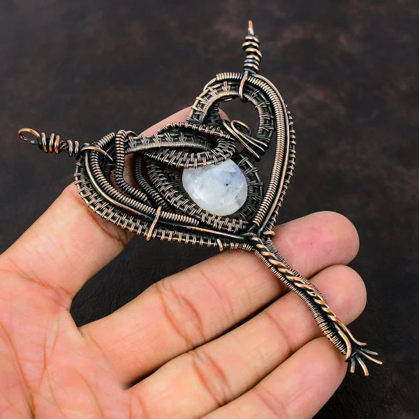 Rainbow Moonstone Oval White Handmade Copper Wire Wrapped Pendant