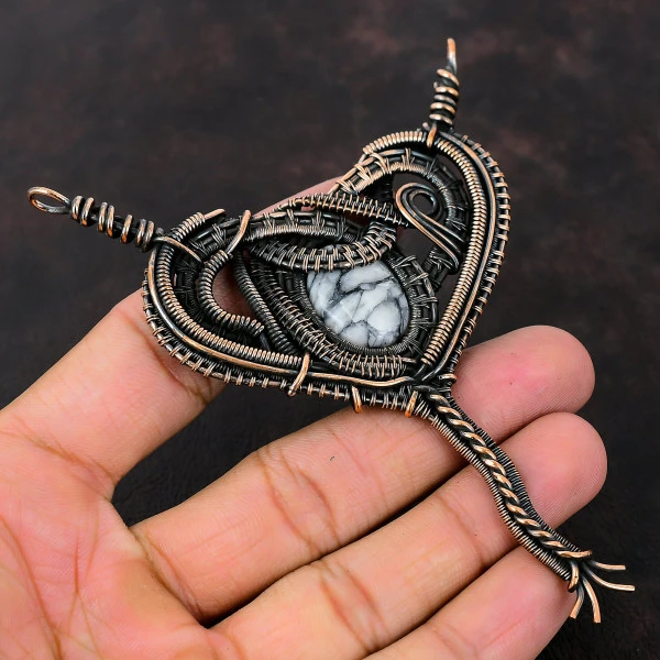 Pinolith Jasper Oval Black Handmade Copper Wire Wrapped Pendant