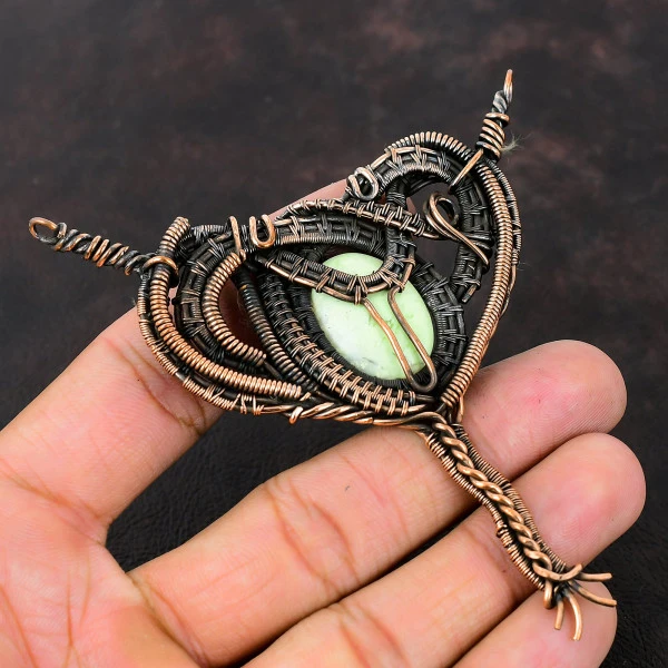 Lemon Chrysoprase Oval Green Handmade Copper Wire Wrapped Pendant