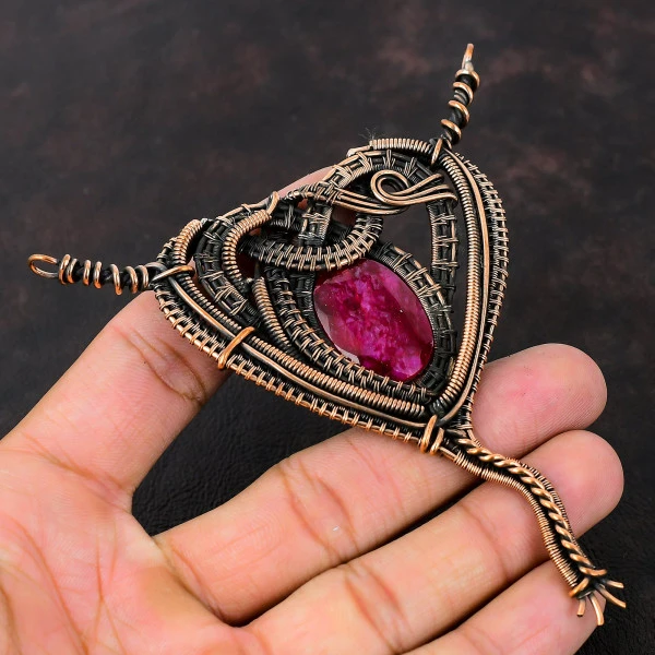 Kashmir Ruby Oval Red Handmade Copper Wire Wrapped Pendant