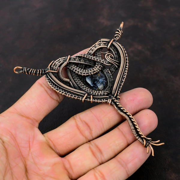 Pietersite Oval Gray Handmade Copper Wire Wrapped Pendant