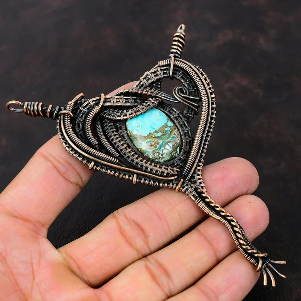 Tibetan Turquoise Oval Blue Handmade Copper Wire Wrapped Pendant