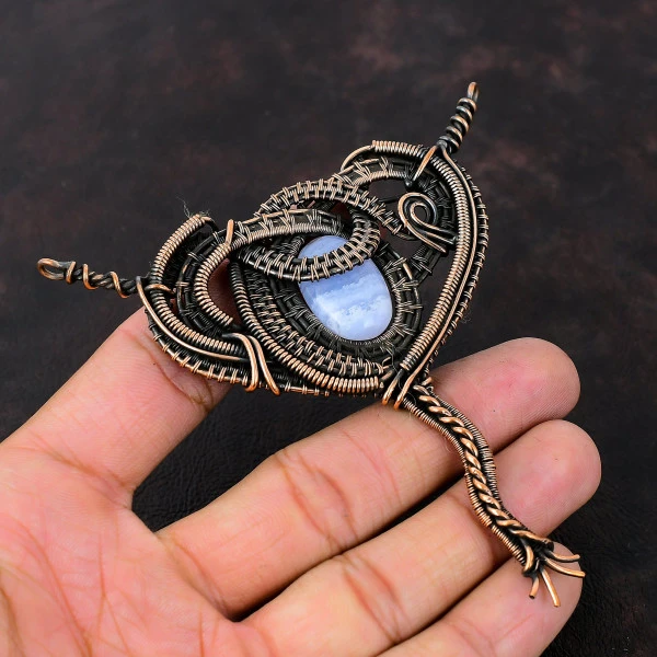 Blue Lace Agate Oval Blue Handmade Copper Wire Wrapped Pendant