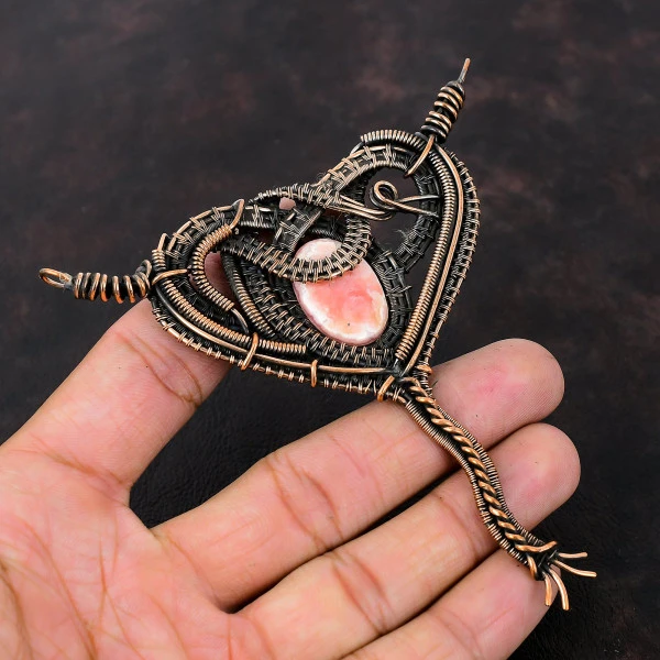 Rhodochrosite Oval Pink Handmade Copper Wire Wrapped Pendant