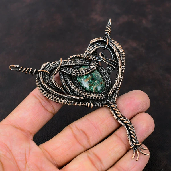 Cuprite Chrysocolla Oval Green Handmade Copper Wire Wrapped Pendant