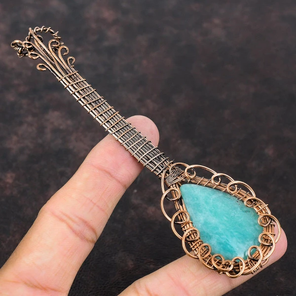 Amazonite Pear Green Handmade Copper Wire Wrapped Pendant