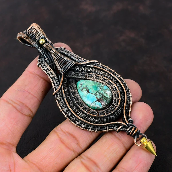 Tibetan Turquoise Pear Blue Handmade Copper Wire Wrapped Pendant