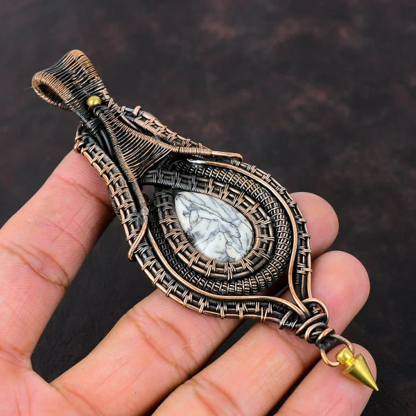 Pinolith Jasper Pear Black Handmade Copper Wire Wrapped Pendant