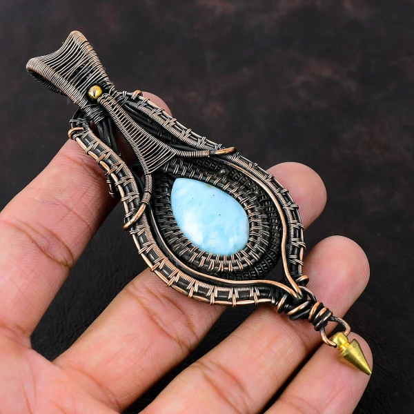 Larimar Pear Blue Handmade Copper Wire Wrapped Pendant