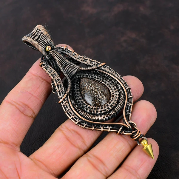 Dinosaur Bone Pear Brown Handmade Copper Wire Wrapped Pendant