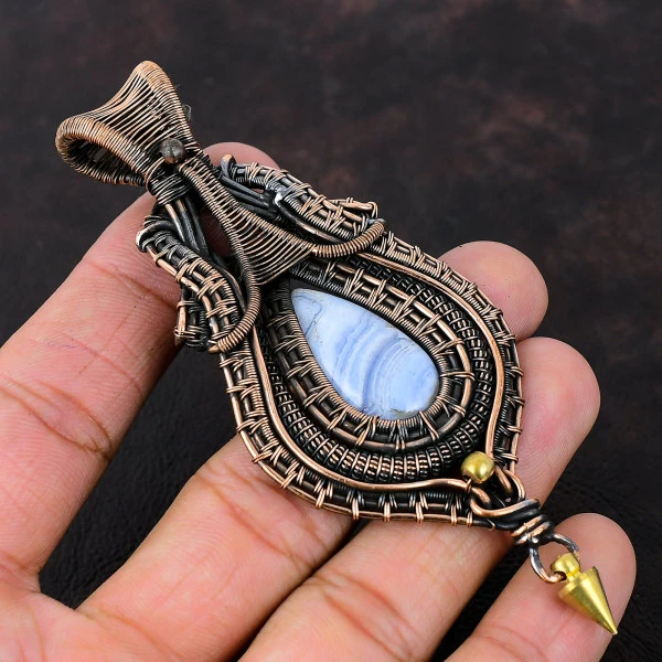 Blue Lace Agate Pear Blue Handmade Copper Wire Wrapped Pendant