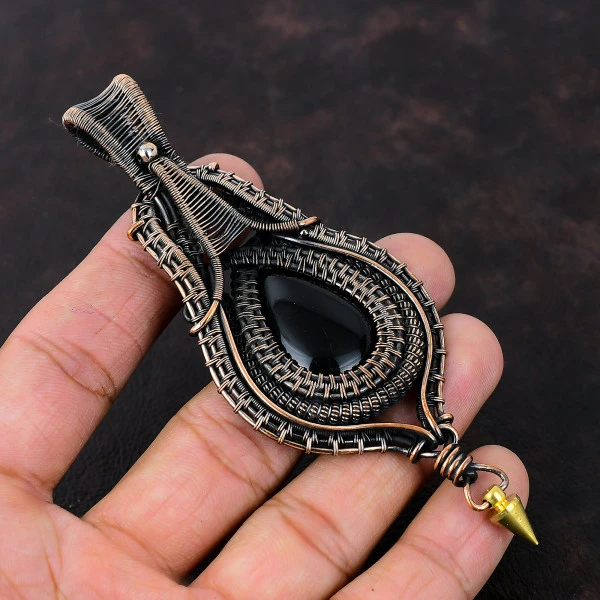 Black Onyx Pear Black Handmade Copper Wire Wrapped Pendant