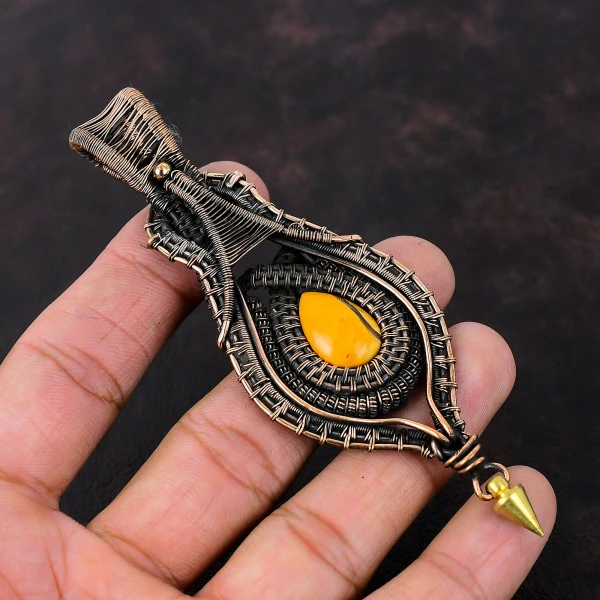 Brecciated Mookaite Pear Yellow Handmade Copper Wire Wrapped Pendant