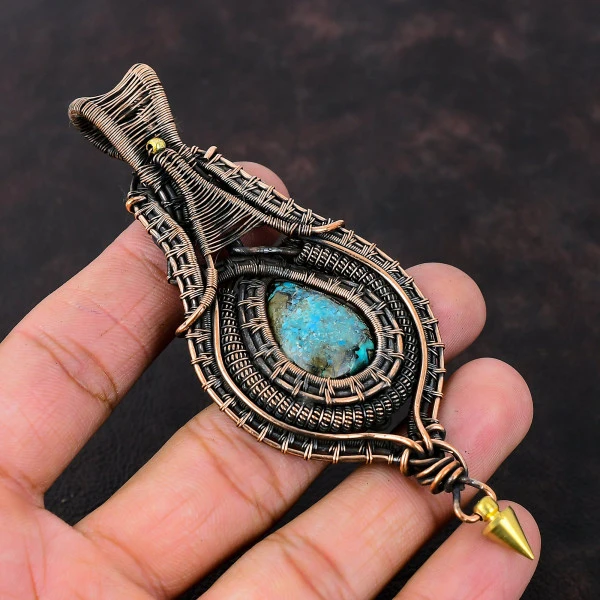 Shattuckite Pear Blue Handmade Copper Wire Wrapped Pendant