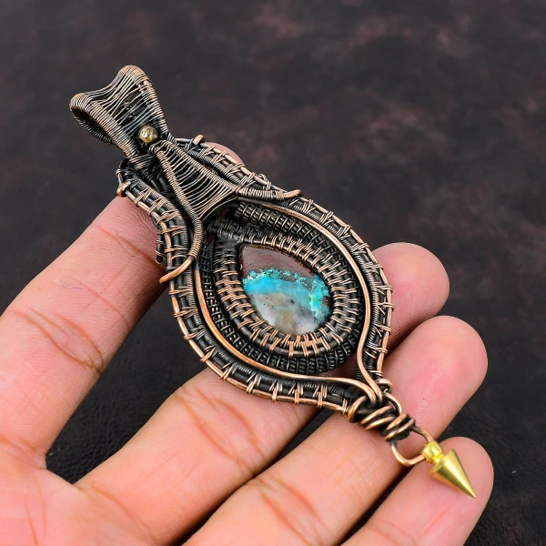 Azurite Malachite Pear Blue Handmade Copper Wire Wrapped Pendant
