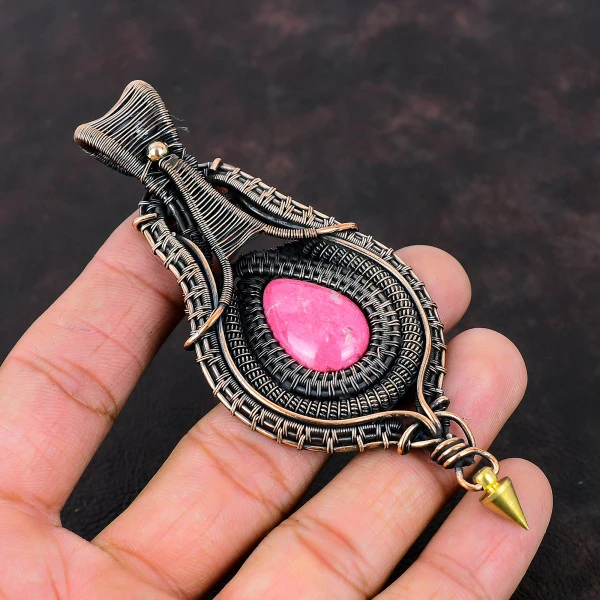Thulite Pear Pink Handmade Copper Wire Wrapped Pendant