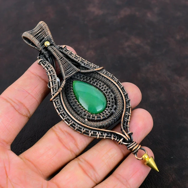 Chrysoprase Pear Green Handmade Copper Wire Wrapped Pendant