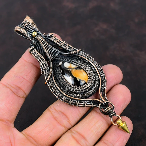 Peanut Wood Jasper Pear Brown Handmade Copper Wire Wrapped Pendant