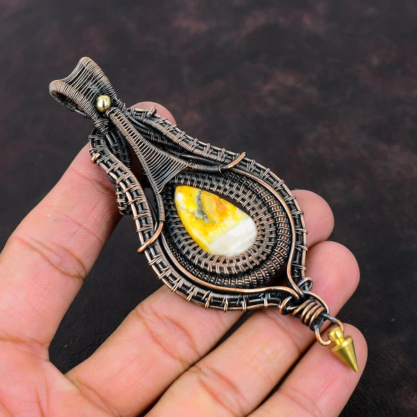 Bumble Bee Jasper Pear Yellow Handmade Copper Wire Wrapped Pendant