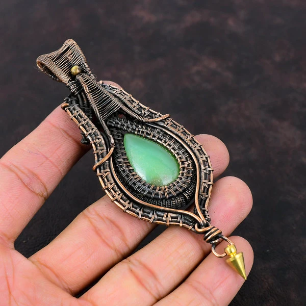 Chrysoprase Pear Green Handmade Copper Wire Wrapped Pendant