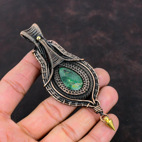 Cuprite Chrysocolla Pear Green Handmade Copper Wire Wrapped Pendant