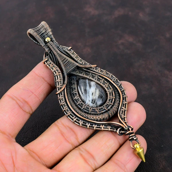 White Buffalo Turquoise Pear Black Handmade Copper Wire Wrapped Pendant