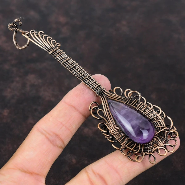 African Amethyst Pear Purple Handmade Copper Wire Wrapped Pendant
