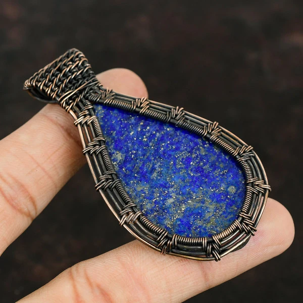 Lapis Lazuli Pear Blue Handmade Copper Wire Wrapped Pendant