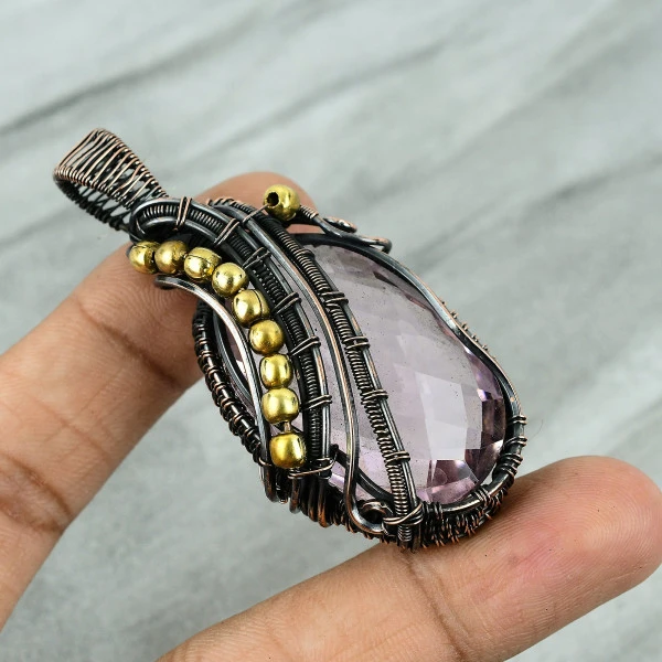 Pink Kunzite Oval Pink Handmade Copper Wire Wrapped Pendant