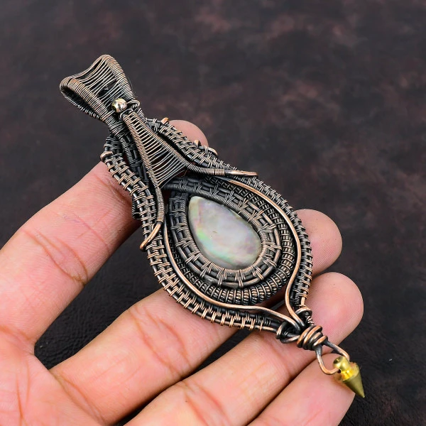 Black Mother Of Pearl Pear Black Handmade Copper Wire Wrapped Pendant