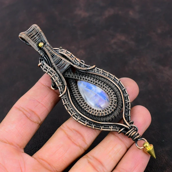 Rainbow Moonstone Pear White Handmade Copper Wire Wrapped Pendant