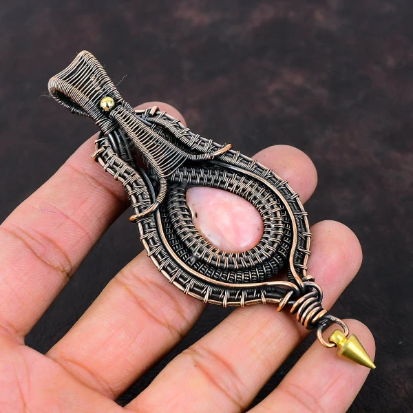 Pink Opal Pear Pink Handmade Copper Wire Wrapped Pendant