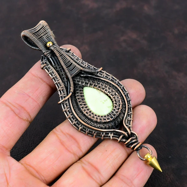 Lemon Chrysoprase Pear Green Handmade Copper Wire Wrapped Pendant