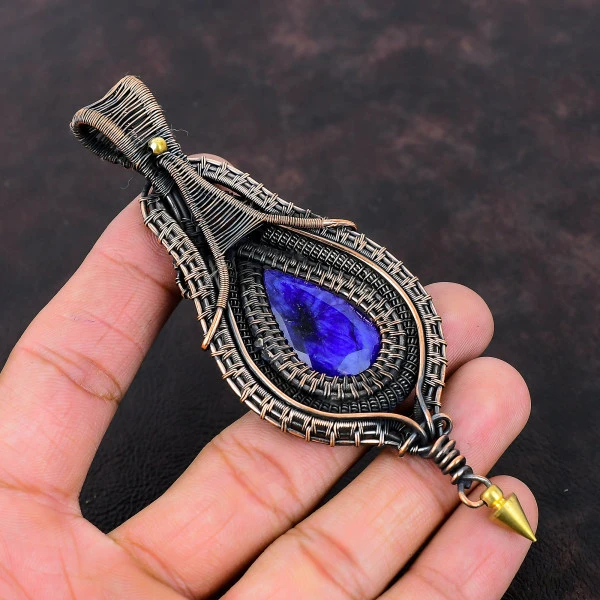 Blue Sapphire Pear Blue Handmade Copper Wire Wrapped Pendant