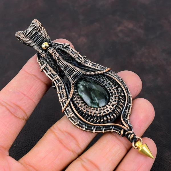 Seraphinite Pear Green Handmade Copper Wire Wrapped Pendant