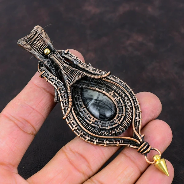 Picasso Jasper Pear Black Handmade Copper Wire Wrapped Pendant
