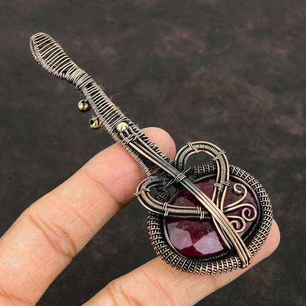 Kashmir Ruby Oval Red Handmade Copper Wire Wrapped Pendant