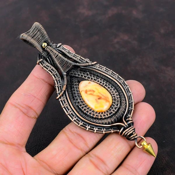 Peanut Wood Jasper Pear Yellow Handmade Copper Wire Wrapped Pendant