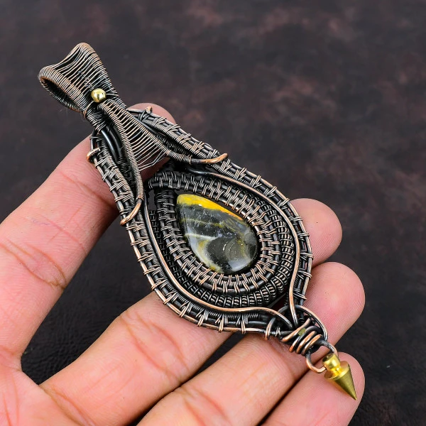 Bumble Bee Jasper Pear Yellow Handmade Copper Wire Wrapped Pendant