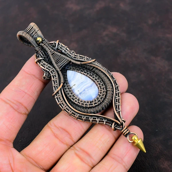 Blue Lace Agate Pear Blue Handmade Copper Wire Wrapped Pendant