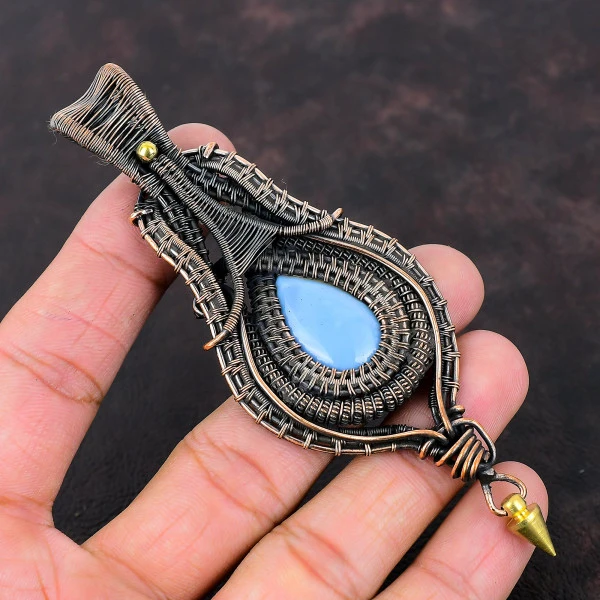 Owyhee Blue Opal Pear Blue Handmade Copper Wire Wrapped Pendant
