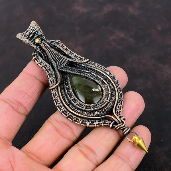 Australian Chrome Chalcedony Pear Green Handmade Copper Wire Wrapped Pendant