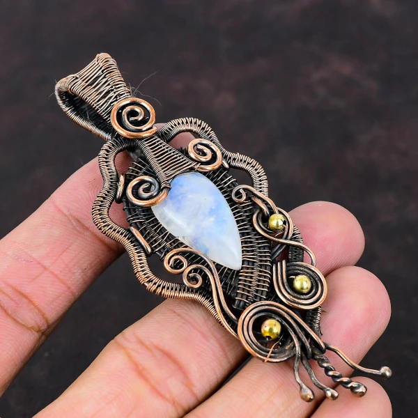 Rainbow Moonstone Pear White Handmade Copper Wire Wrapped Pendant