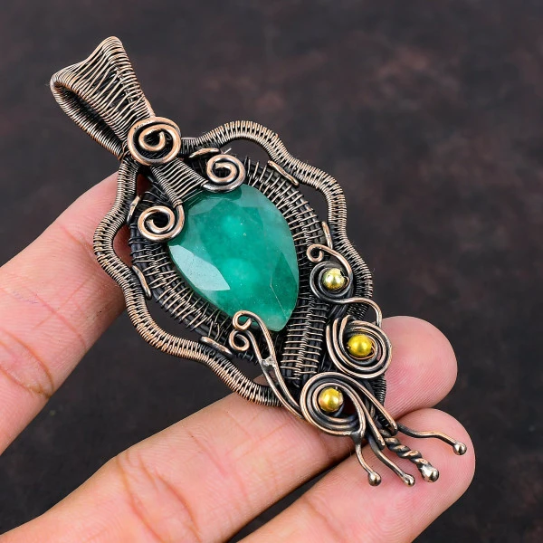 Zambian Emerald Pear Green Handmade Copper Wire Wrapped Pendant