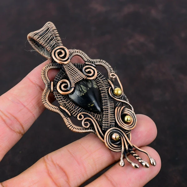 Picasso Jasper Pear Black Handmade Copper Wire Wrapped Pendant