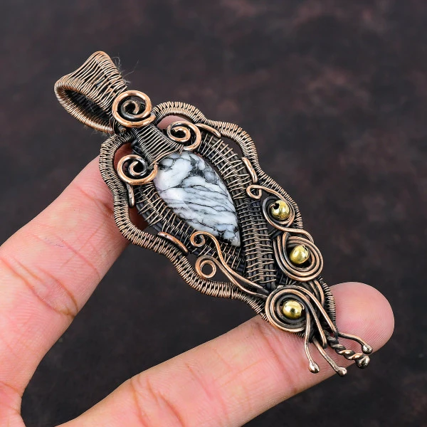 Pinolith Jasper Pear Black Handmade Copper Wire Wrapped Pendant