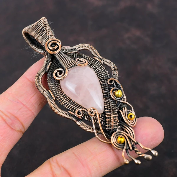 Rose Quartz Pear Pink Handmade Copper Wire Wrapped Pendant