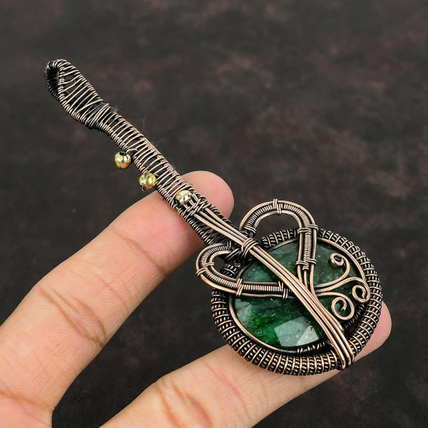 Zambian Emerald Oval Green Handmade Copper Wire Wrapped Pendant